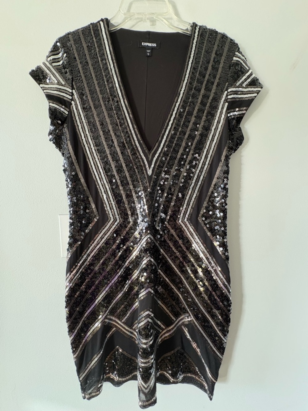 Zara Black Sequin V-Stripe Mini Dress